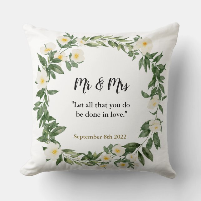 Mr & Mrs bible scripture wedding anniversary gift Cushion (Front)