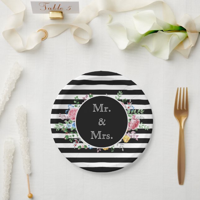 Mr. & Mrs. Black and White Striped Flowers Classic Paper Plate (Wedding)