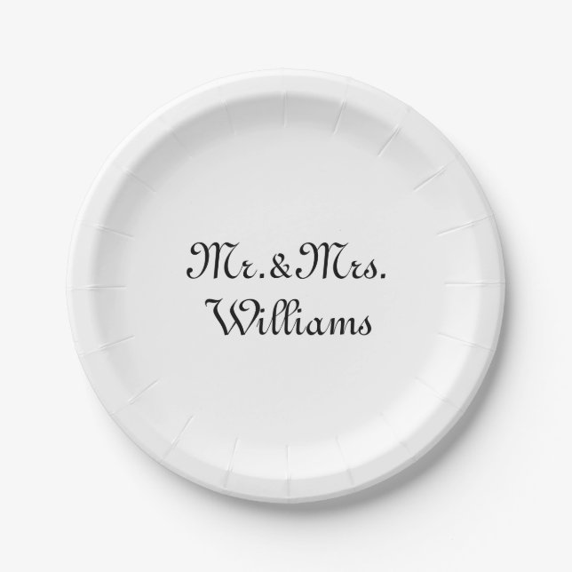 Mr. & Mrs. black white custom script name elegant Paper Plate (Front)
