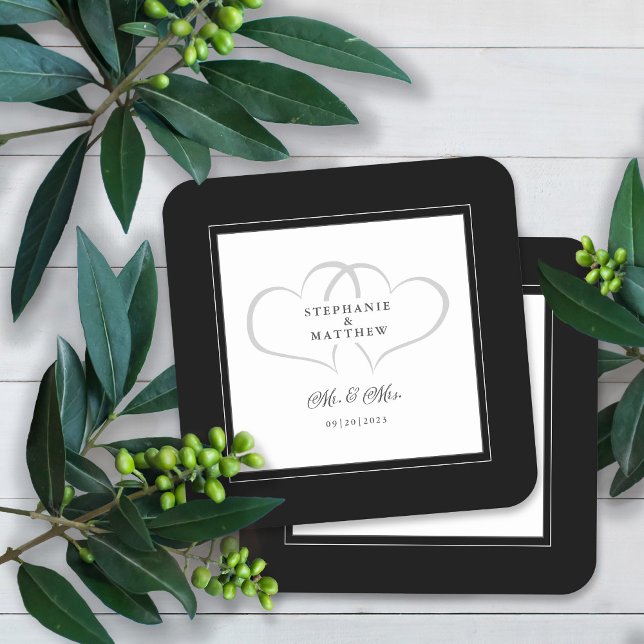 Mr & Mrs Black & White Elegant Hearts Wedding Chic Square Paper Coaster (Creator Uploaded)