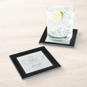 Mr & Mrs Black & White Elegant Wedding Chic Hearts Glass Coaster