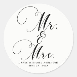 Mr. & Mrs. Black White Script Custom Wedding Favou Classic Round Sticker