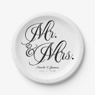 Mr. & Mrs. Black White Wedding Engagement Party Paper Plate