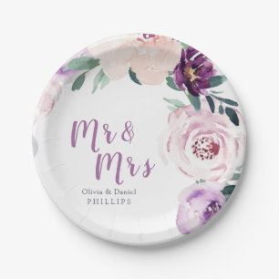 Mr & Mrs Blooming botanical purple floral wedding Paper Plate