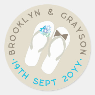 Mr & Mrs Blue Flowers Flip Flops Beach Wedding Classic Round Sticker