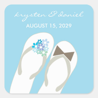 Mr & Mrs Blue Flowers Flip Flops Beach Wedding Square Sticker