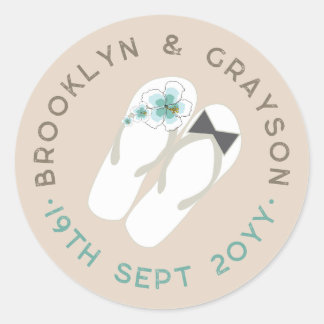 Mr & Mrs Blue Hibiscus Flip Flops Beach Wedding Classic Round Sticker