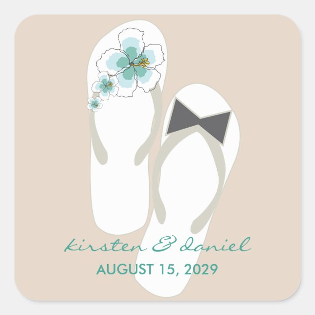 Mr & Mrs Blue Hibiscus Flip Flops Beach Wedding Square Sticker (Front)