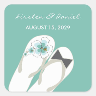 Mr & Mrs Blue Hibiscus Flip Flops Beach Wedding Square Sticker