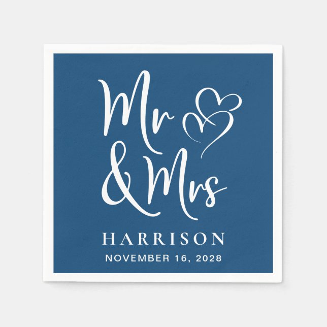 Mr Mrs Blue Wedding Reception Napkin (Front)
