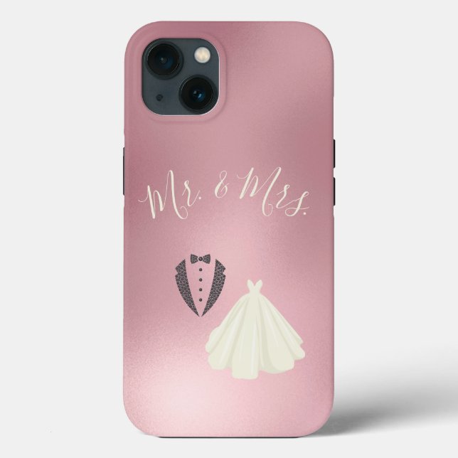 Mr Mrs Bride Groom Pink Metallic Wedding Case-Mate iPhone Case (Back)