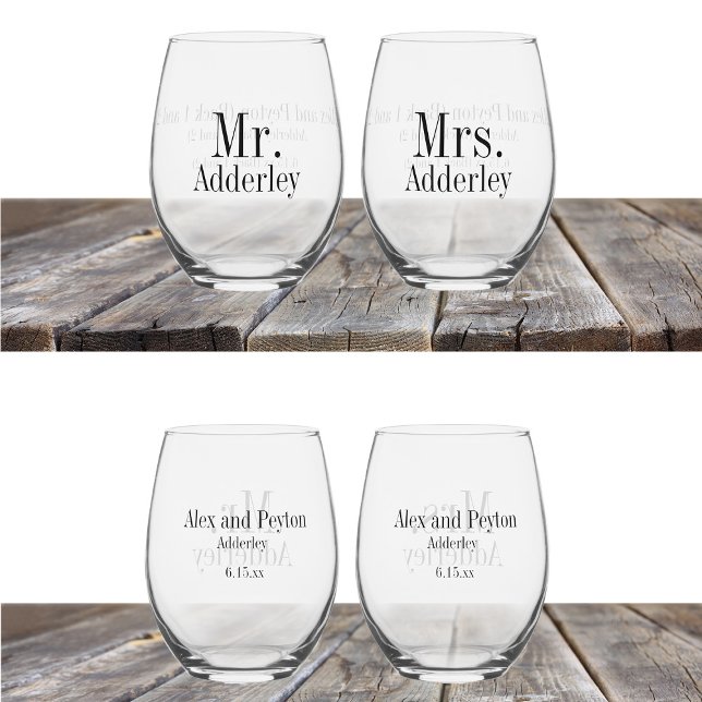 Mr. Mrs. Bride Groom Wedding Customised Stemless Wine Glass (Mr. and Mrs. wedding reception stemless wine glasses customized with your names)