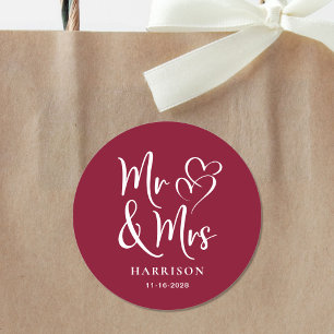 Mr Mrs Burgundy Wedding Classic Round Sticker