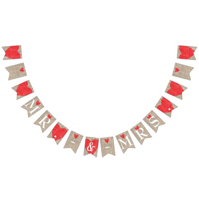 Mr. & Mrs. Burlap & Red Hearts Wedding Engagement Bunting (All)