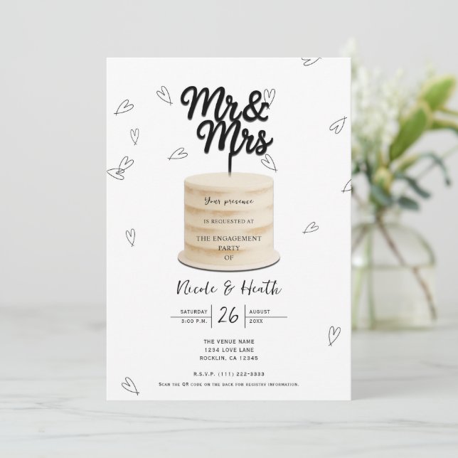 Mr. & Mrs. Cake & Hearts Black White Engagement Invitation (Standing Front)