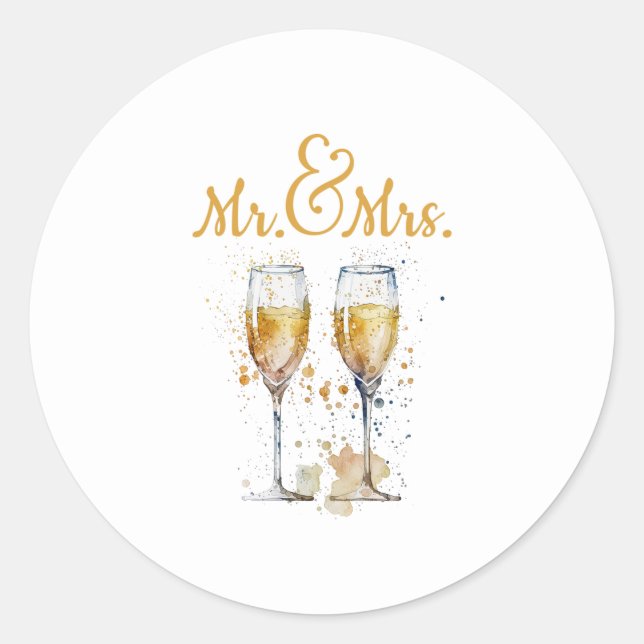 Mr. & Mrs. Champagne Celebration Classic Round Sticker (Front)