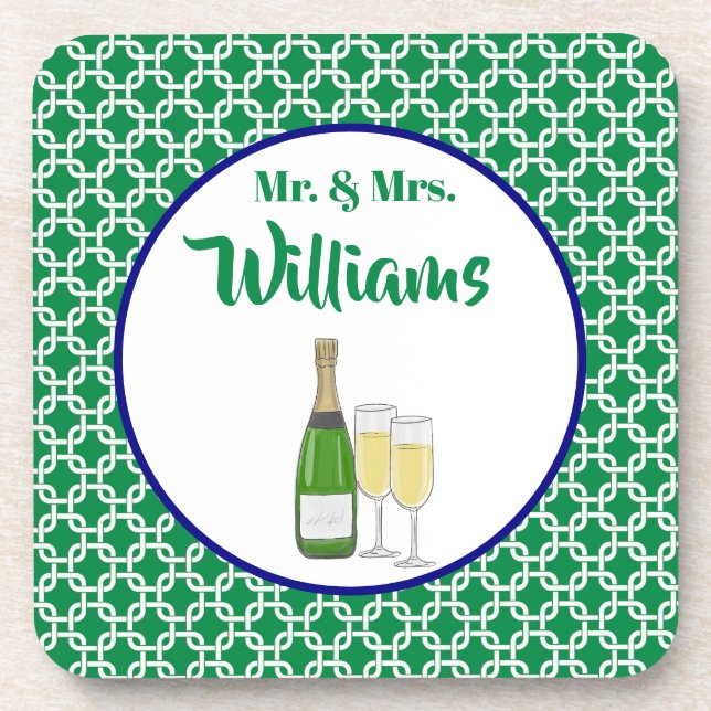 Mr & Mrs Champagne Green Personalised  Coaster (Front)