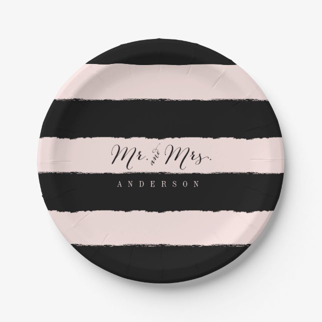 Mr & Mrs Chic Script Calligraphy Stripes Wedding Paper Plate (Front)