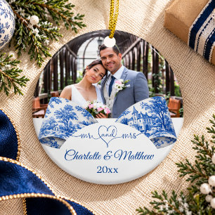 Mr Mrs Christmas blue white toile bow photo Ceramic Ornament