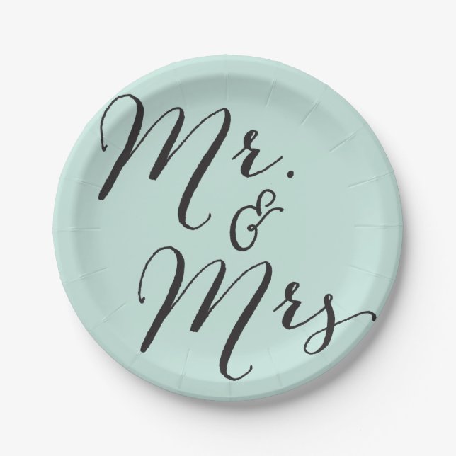 Mr & Mrs Classic Script Chic Calligraphy Wedding Paper Plate (Front)