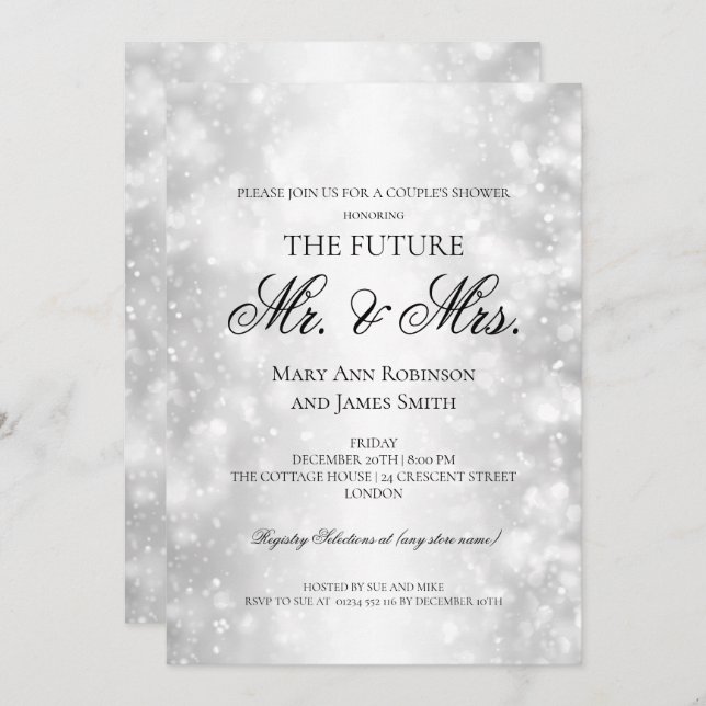 Mr Mrs Couples Shower Silver Shimmer Lights Invitation (Front/Back)