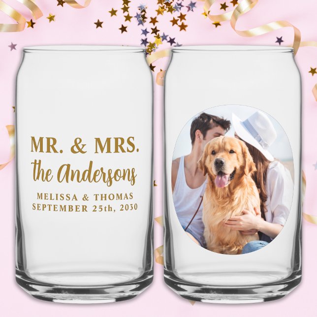 Mr & Mrs Custom Photo Modern Gold Elegant Wedding  Can Glass (Creator Uploaded)