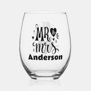 Mr. & Mrs. Customisable Heart Celebration Stemless Wine Glass