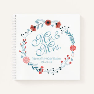 Mr. & Mrs. Cute Floral Wreath Wedding Guestbook Notebook