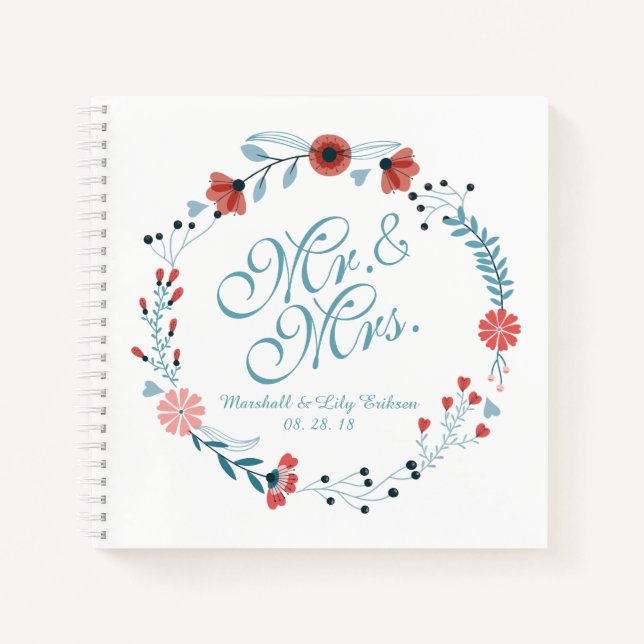 Mr. & Mrs. Cute Floral Wreath Wedding Guestbook Notebook (Front)