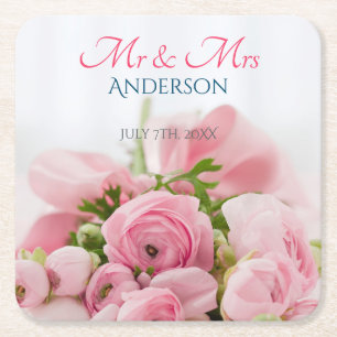Mr & Mrs, DIY Last Name, Date & Photo Square Paper Coaster