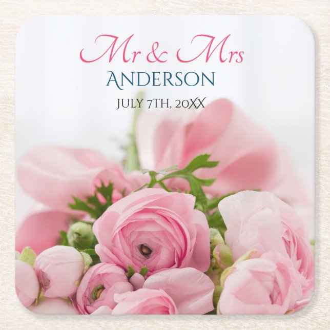 Mr & Mrs, DIY Last Name, Date & Photo Square Paper Coaster (Front)