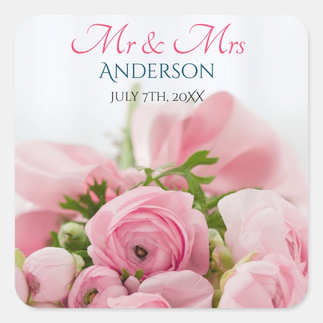 Mr & Mrs, DIY Last Name, Date & Photo Square Sticker (Front)