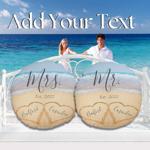 Mr. Mrs. Dusty Blue Beach Couples Hearts Sand  Round Cushion