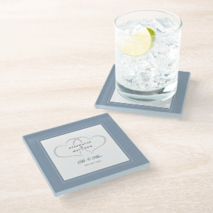 Mr & Mrs Dusty Blue Elegant Wedding Chic Hearts Glass Coaster