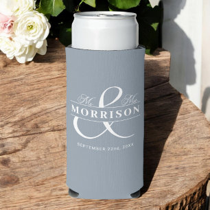 Mr Mrs Dusty Blue Romantic Wedding Favour Seltzer Can Cooler