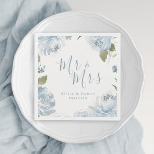 Mr & Mrs dusty blue watercolor floral wedding Napkin