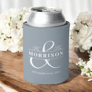 Mr Mrs Dusty Blue Wedding Favour  Can Cooler