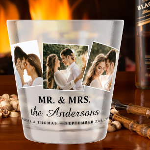 Mr & Mrs Elegant 3 Photo Bride Groom Wedding Shot  Glass