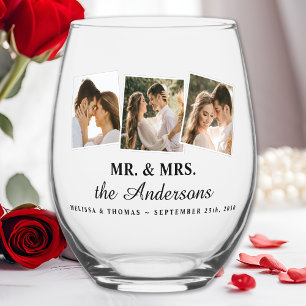 Mr & Mrs Elegant 3 Photo Bride Groom Wedding Stemless Wine Glass
