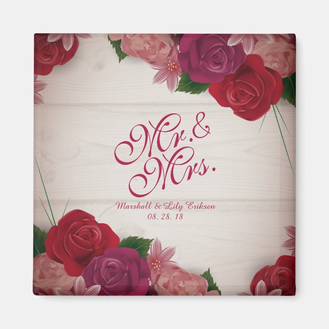 Mr. & Mrs. Elegant Floral Wedding Magnet (Front)