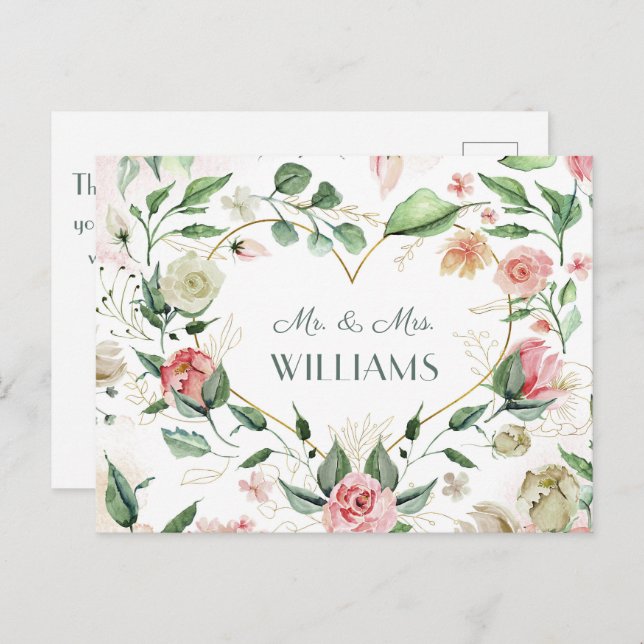 Mr. & Mrs. Elegant Pink Floral Gold Heart Wedding Postcard (Front/Back)