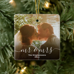 Mr & Mrs Elegant Script Overlay Double Sided Photo Ceramic Ornament