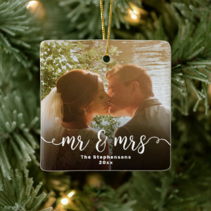 Mr & Mrs Elegant Script Overlay Double Sided Photo Ceramic Ornament