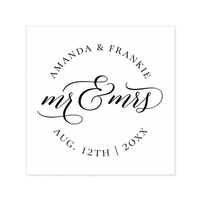 Mr & Mrs | Elegant Script Wedding Date & Names Self-inking Stamp (Design)