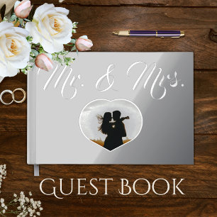 Mr Mrs Elegant Silver Foil Photo Heart Wedding Guest Book