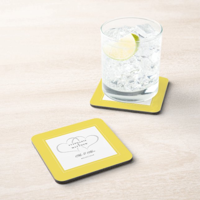 Mr & Mrs Elegant Wedding Chic Hearts Yellow Custom Coaster (Right Side)