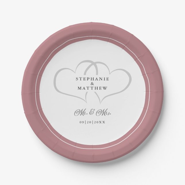 Mr & Mrs Elegant Wedding Dusty Rose Pink Modern Paper Plate (Front)