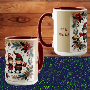 Mr & Mrs Elf Merry Christmas Poinsettia Botanicals Mug