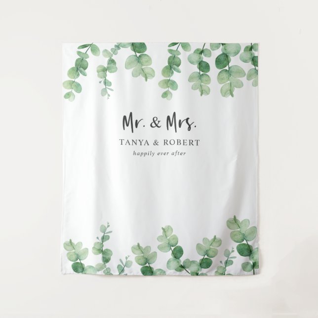 Mr & Mrs Eucalyptus Wedding Backdrop Bride Groom Tapestry (Front)