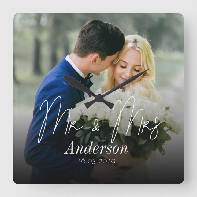 Mr & Mrs | Family Name Custom Photo Square Wall Clock (Front)